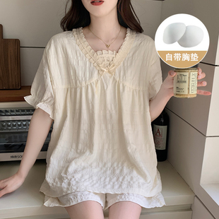 短裤 女2025夏季 短袖 套装 带胸垫两件套 新款 简约甜美可爱公主风大码