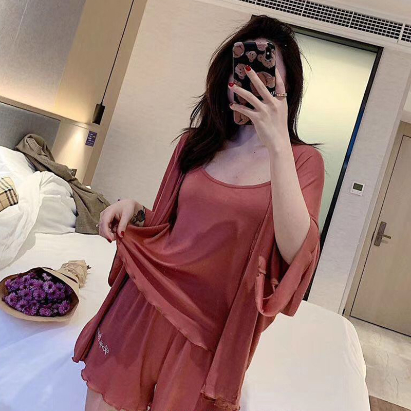 夏季新款仿莫代尔休闲三件套居家服女士网红薄款宽松性感时尚套装