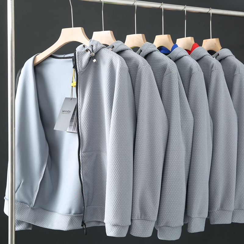 3D蜂窝面料双开拉链连帽卫衣