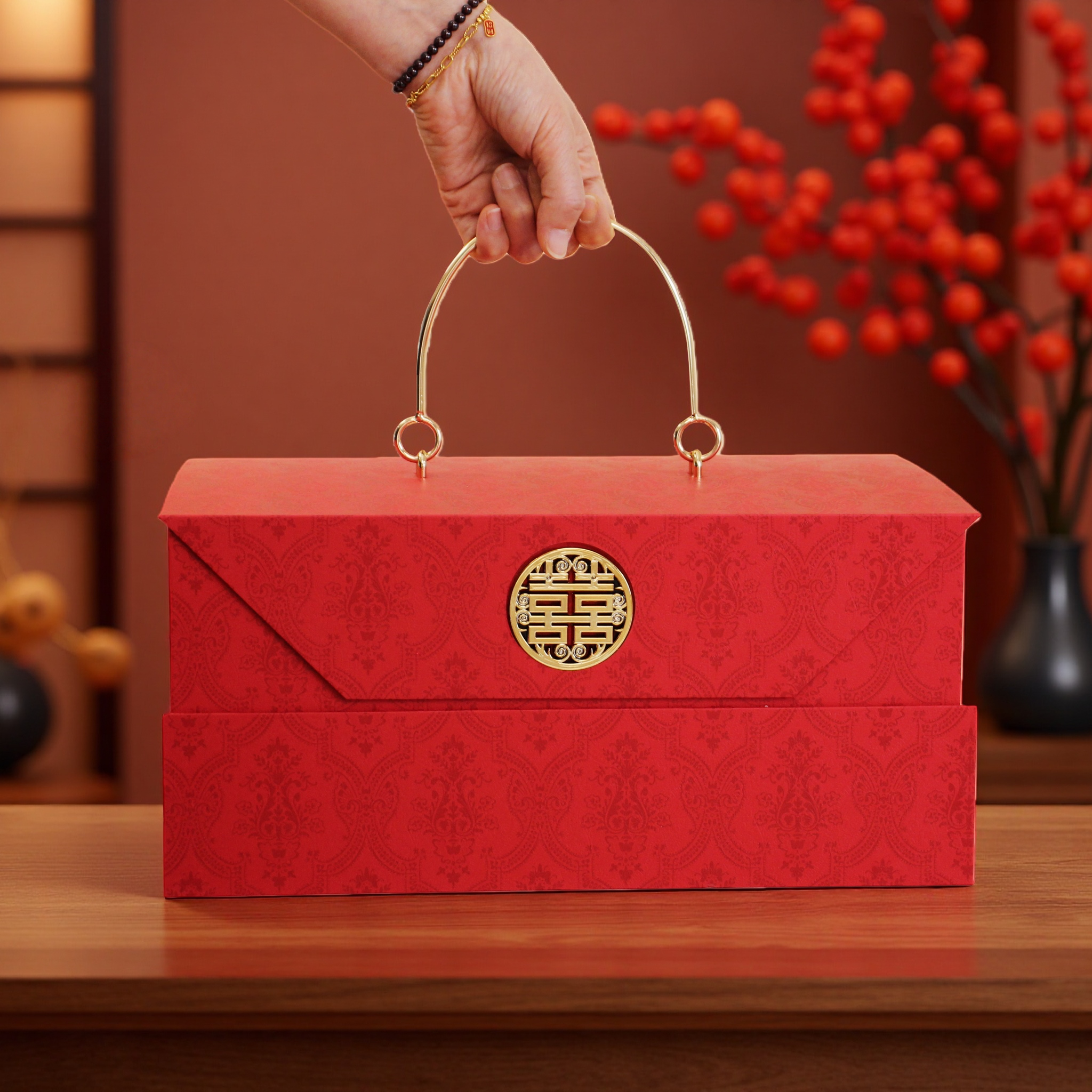 中式喜糖喜饼礼盒成品喜事结婚订婚双层手提箱大号婚庆回礼伴手礼