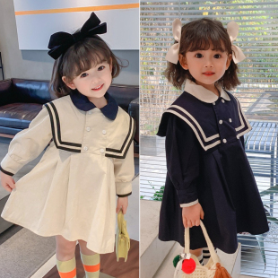 儿童装女童2026春秋新款韩版宝宝学院风娃娃领高腰长袖公主连衣裙