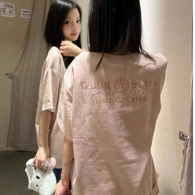 国潮牌麂皮绒刺绣字母短袖t恤女夏新爆款小众设计感半袖情侣上衣