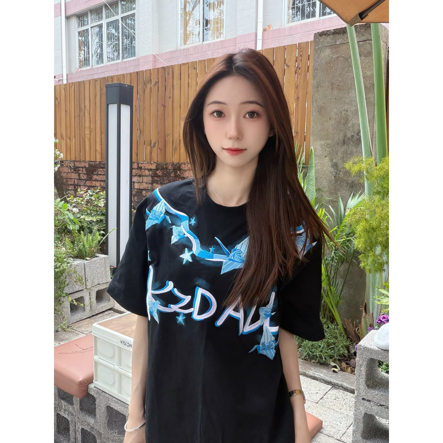 玫瑰千纸鹤前后印花短袖T恤女夏季学院风宽松休闲情侣打底衫上衣