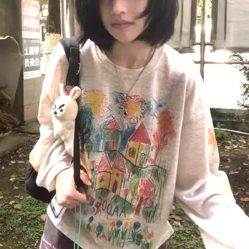 慵懒风涂鸦印花宽松薄款长袖T恤女夏季小众别致百搭上衣防晒罩衫