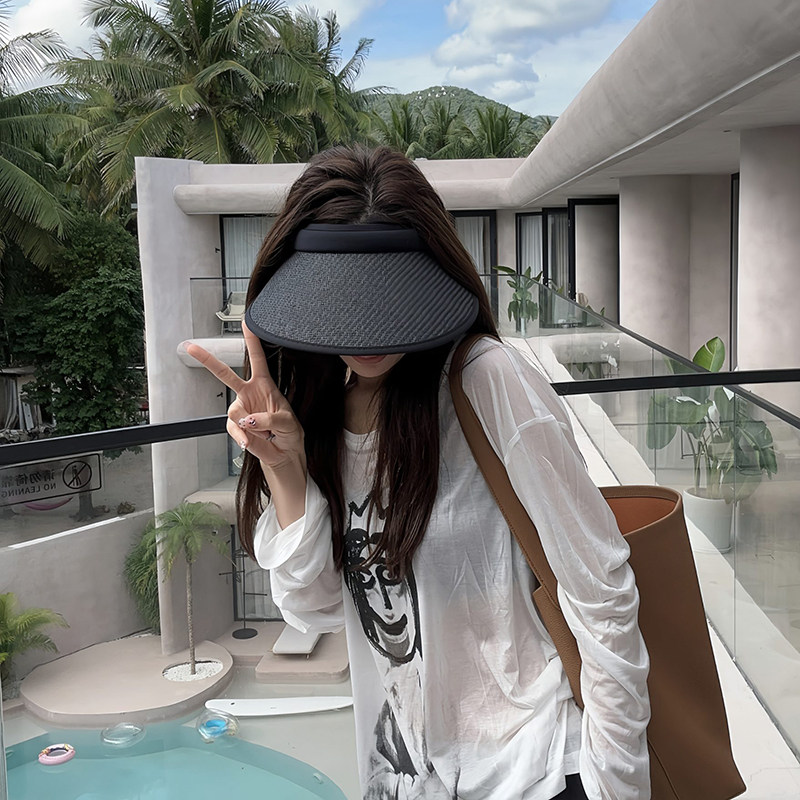 夏天防晒空顶草帽子女网红爆款休闲时尚发箍可折叠草编遮阳太阳帽