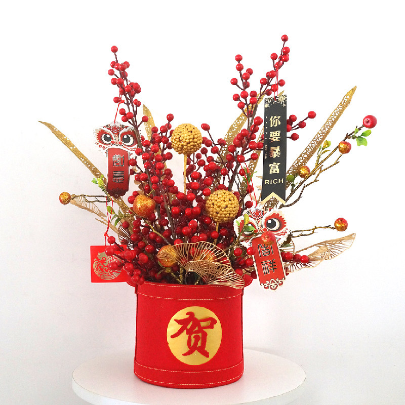 红色招财银柳装饰抱抱桶新年福桶真花鲜枝年宵花干花室内客厅插花