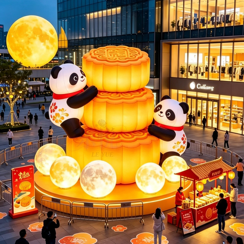 中秋节流心月饼卡通攀爬熊猫仿真充气模商场户外活动美陈月亮定制