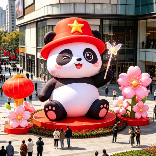 国潮红星熊猫充气气模卡通商场户外国庆美陈大型吉祥物装置定制亮