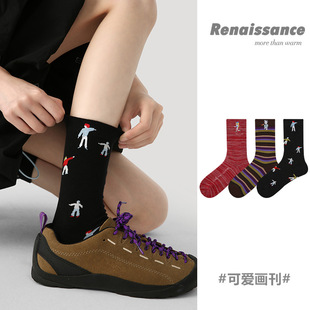 Renaissance袜子女ins潮秋冬新款精梳棉卡通人物条纹无骨中筒女袜