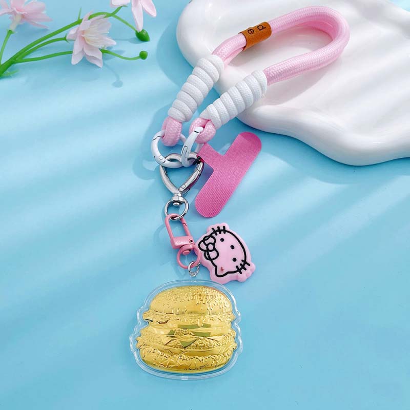足金999开心汉堡挂件hellokitty猫粉手机链黄金钥匙扣包包饰挂绳