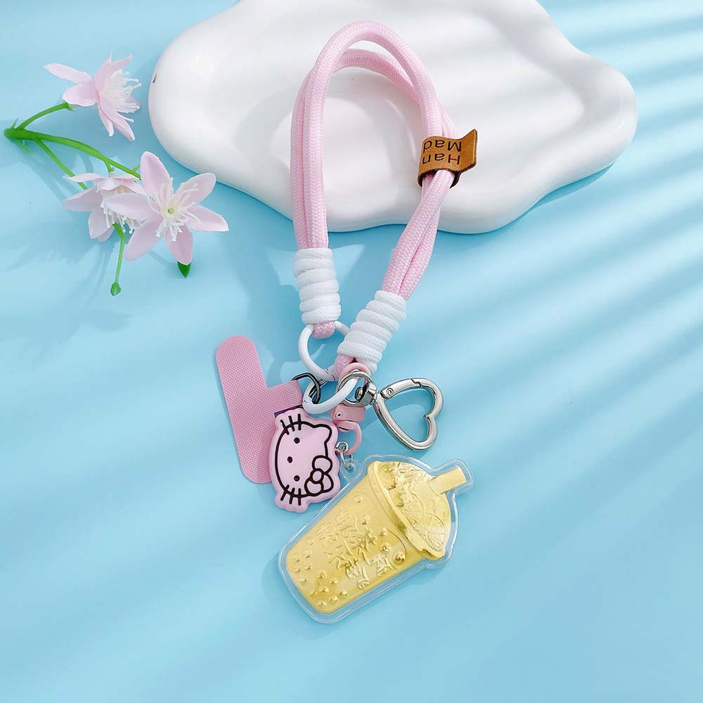 足金999奶茶挂件hellokitty猫粉黄金手机挂绳KT猫送女友闺蜜礼物