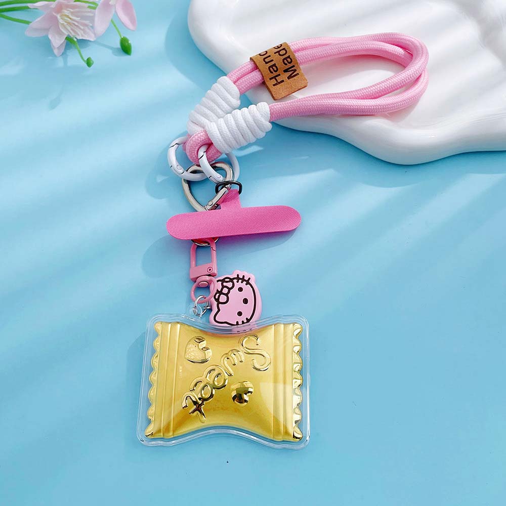 足金999甜心糖果挂件hellokitty猫粉黄金手机链绳可爱送女友礼物
