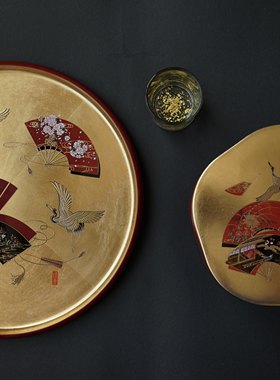 日本进口金箔茶盘点心盒山中漆器