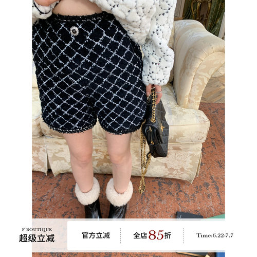 F boutique 小香菱格纹定制面料高腰花边短裤