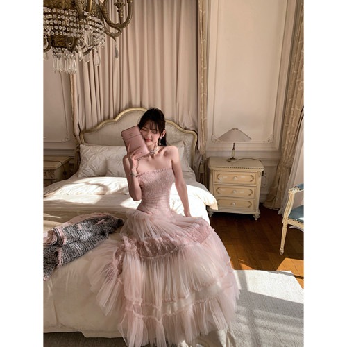F boutique「仙踪粉雾」重工79裁片压褶打揽蕾丝网纱抹胸连衣裙