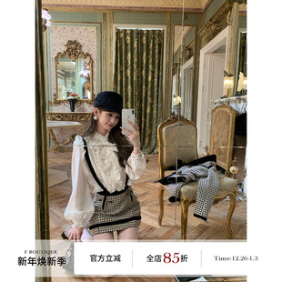 衬衫 重工钉珠蝴蝶结胸针蕾丝拼接泡泡袖 boutique