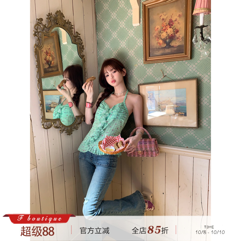 F Boutique 绿野仙踪 法式碎花风琴压褶绑带露背吊带挂脖上衣