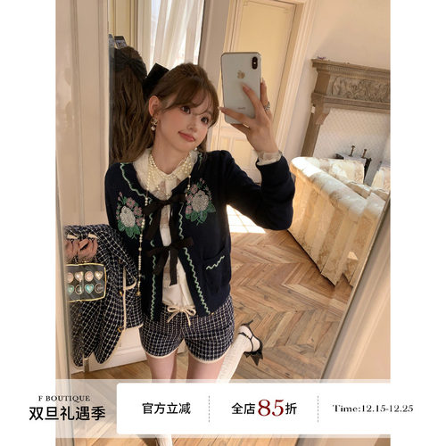 F boutique「手工坊重磅」刺绣钉珠山茶花蝴蝶结绑带羊毛开衫