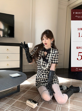 F boutique【断码清仓】奢牌千鸟格蝴蝶结羊毛连衣裙