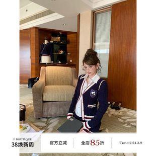 F boutique 小香中古徽章刺绣山羊绒针织开衫+polo套头衫+半裙