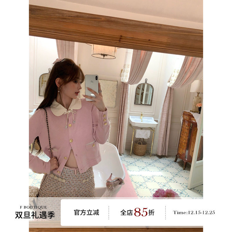 F boutique「娇憨千金」25b高奢羊毛菱格娃娃领小香金属扣针织衫