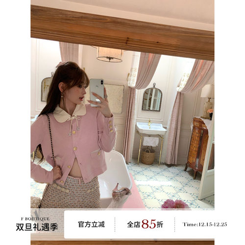 F boutique「娇憨千金」25b高奢羊毛菱格娃娃领小香金属扣针织衫