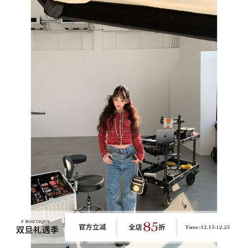 F boutique 25k蝴蝶结刺绣高腰水洗蓝复古直筒牛仔裤