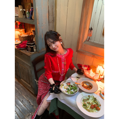 F boutique 25k蝴蝶结定染圣诞红撞色羊绒圆领针织开衫