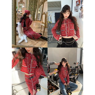 F boutique 现货「新年限定」25k红格纹yb面料小香套装 刘雯同款