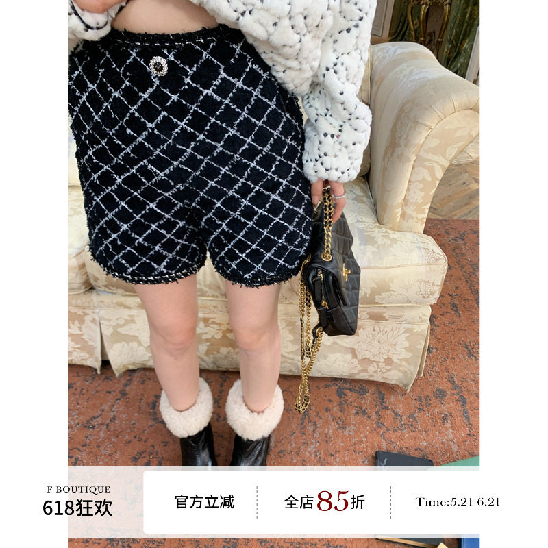 F boutique 小香菱格纹定制面料高腰花边短裤