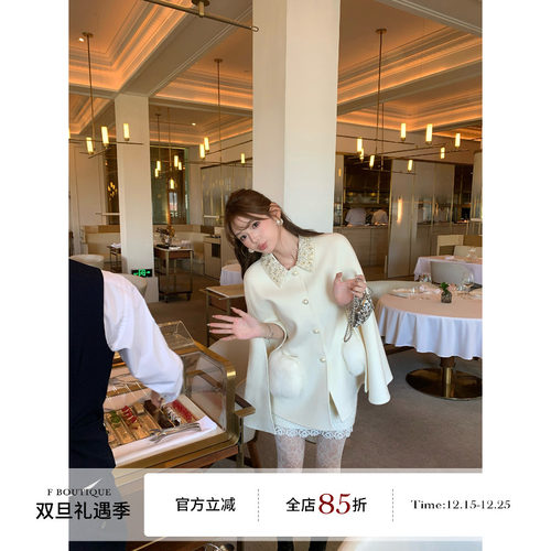 F boutique「雾白千金」手工钉珠100澳毛双面尼狐狸毛大衣斗篷