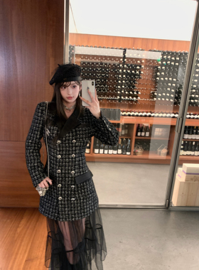F boutique「康朋街」25n yb开版黑色格纹粗花呢翻领小香长外套