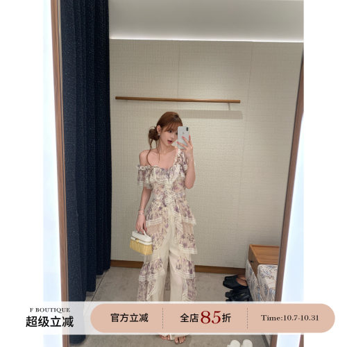 F boutique「中古zim」秀款重工鸢尾花雪纺拼接蕾丝连衣裙+亚麻裤
