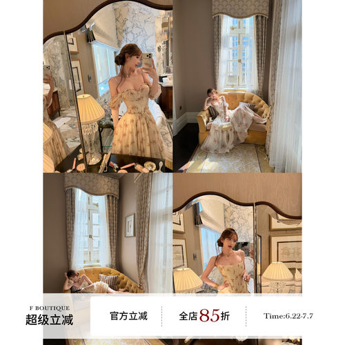 F boutique「house*cb」蔷薇花园天丝印花连衣裙+胸衣+蕾丝半裙