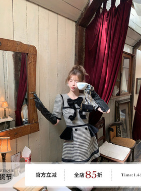 F boutique「baby看秀裙」高定款复古千鸟格蝴蝶结胸针丝绒连衣裙