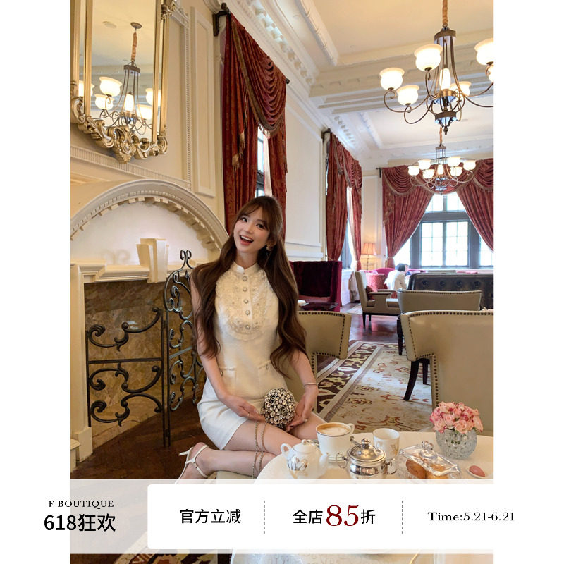 F boutique「科莫湖2.0」极繁重工水溶蕾丝珠片刺绣领小香连衣裙