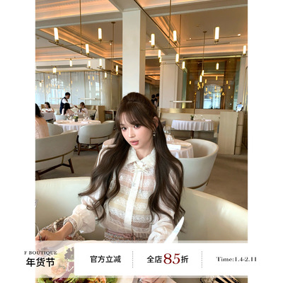 F boutique「白羽蕾丝」100%人丝镂空真丝木耳边翻领富家女衬衫