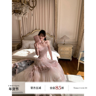 F boutique「仙踪粉雾」重工79裁片压褶打揽蕾丝网纱抹胸连衣裙