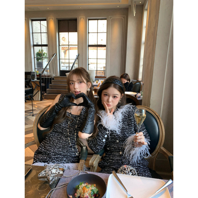 F boutique 千金感鸵鸟毛小香编织套装