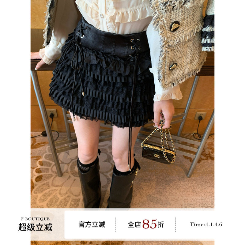 F boutique 怒推超重工!!中古doll复古鱼骨高腰绑带蕾丝蛋糕裙裤