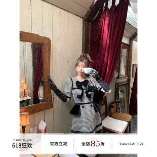 F boutique「baby看秀裙」高定款复古千鸟格蝴蝶结胸针丝绒连衣裙