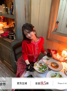 F boutique 25k蝴蝶结定染圣诞红撞色羊绒圆领针织开衫