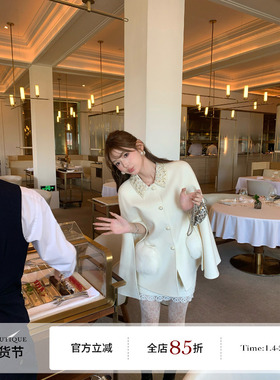 F boutique「雾白千金」手工钉珠100澳毛双面尼狐狸毛大衣斗篷