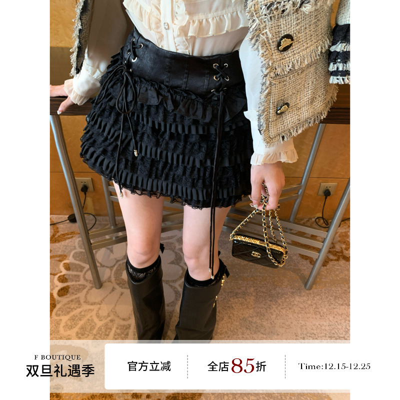 F boutique 怒推超重工!!中古doll复古鱼骨高腰绑带蕾丝蛋糕裙裤