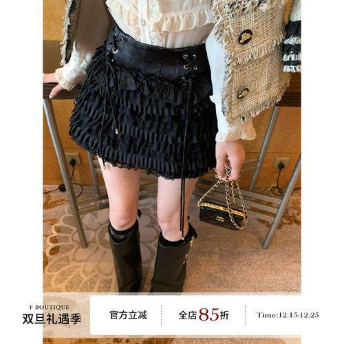 F boutique 怒推超重工!!中古doll复古鱼骨高腰绑带蕾丝蛋糕裙裤