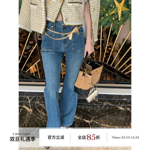 F boutique 超显瘦！高腰微辣水洗蓝铆钉双口袋牛仔裤