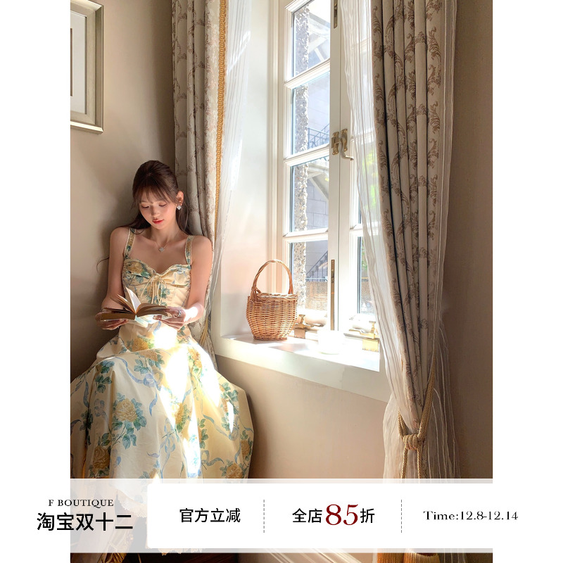 F boutique「house*cb黄玫瑰」60支高精水洗棉印花定染蕾丝连衣裙