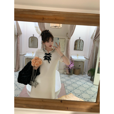 F boutique Valent1no重工钉珠 丝绒蝴蝶结短袖连衣裙