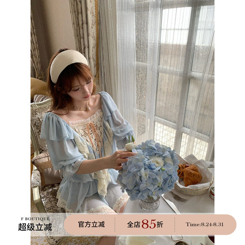 F boutique「Ch1oe3w+」vic秀款重工定染法蕾泡泡袖上衣+短裤