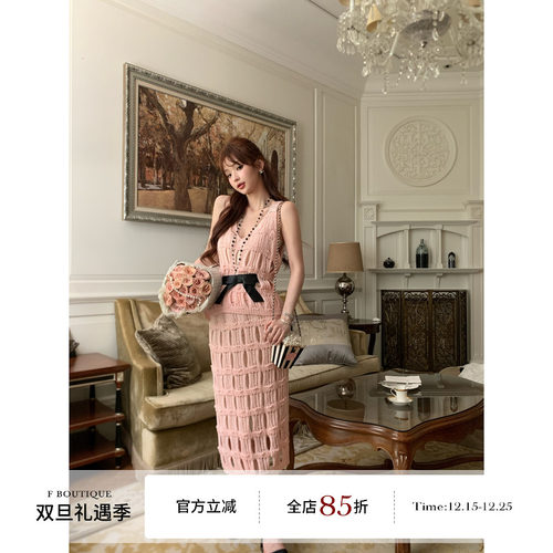 F Boutique 定染特种纱线25c小香风镂空钩花蝴蝶结针织背心半裙